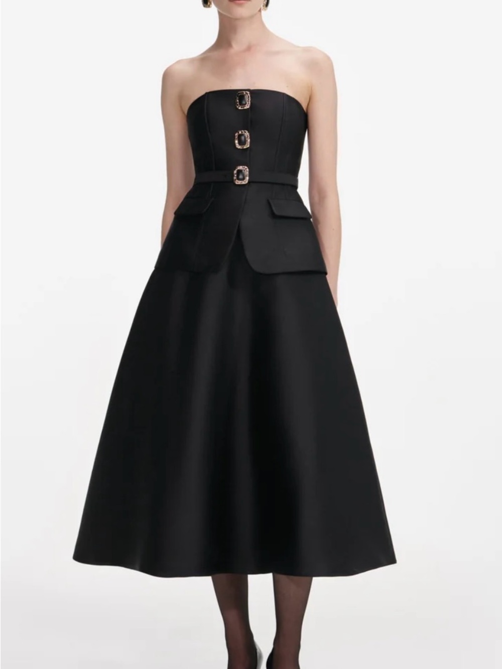 Self-Portrait Strapless Black Midi Dress with Decorative Buckles